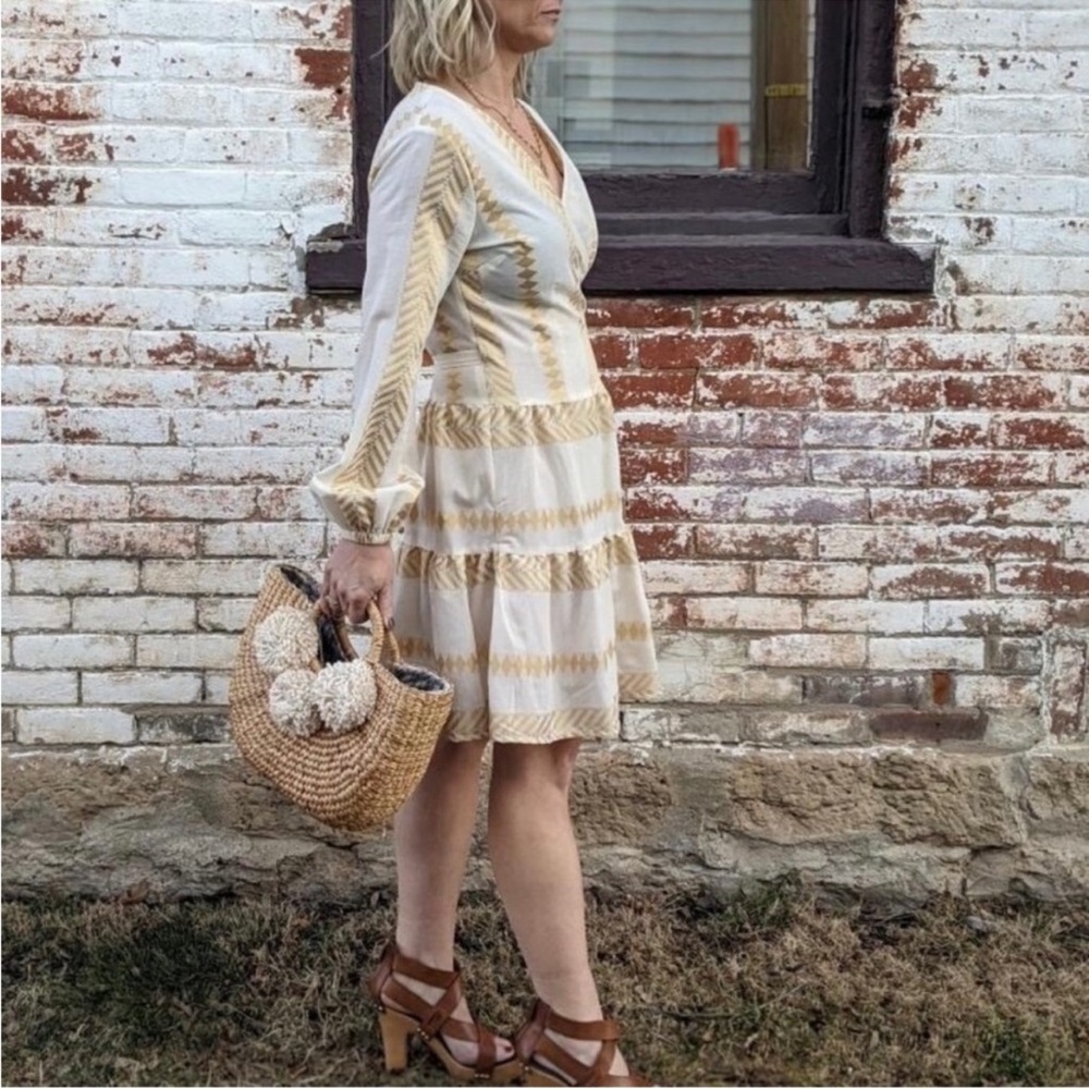 Kasia Wrap Mini Dress Gold/Ivory Size L - Picture 2 of 14